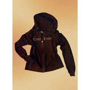 Y2K Bebe Black Zip Hoodie Rhinestone Logo Red Lips Graphic Size L
